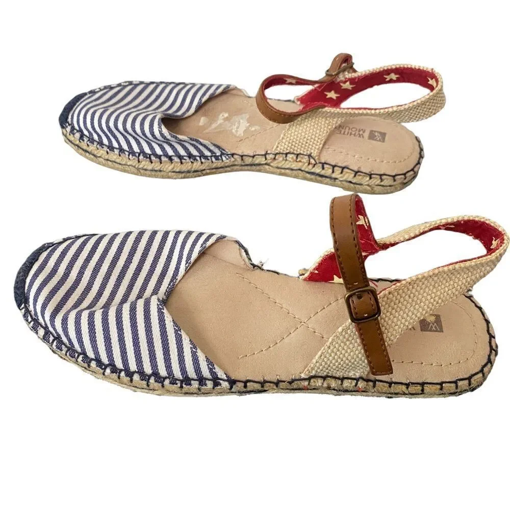 White Mountain Espadrille Striped Tan/Blue‎ Sandals Sz 6.5